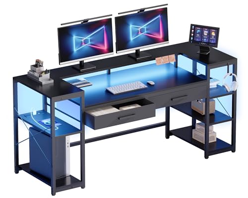 Pamray 58 Inch Computer Desk with Monitor Stand and Shelves Gaming Desk with LED Lights & Power Outlets PC Vanity Table with 2 Drawers for Home Office Black