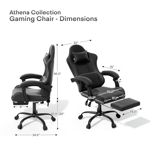 Athena Collection Ergonomic Gaming Chair with Footrest & Headrest Lumbar Support, Height Adjustable Swivel Office Chair Reclining Game Chair High Back Computer Chair for Adults, Carbon Fiber Black