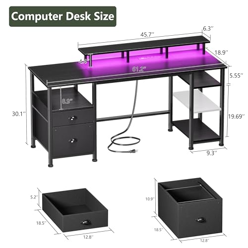 Furologee 61" Gaming Desk with Power Outlets & LED Lights, Reversible Computer Desk with File Cabinet & Monitor Stand for Home Office, Large Work Table with Storage Shelves & Drawer, Black