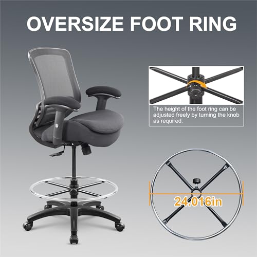 WITTLONG 400lbs Office Drafting Chair Wide Dual Seat Cushion for High Standing Desk with Lumbar Support and Enlarged Adjustable Footrest-Black