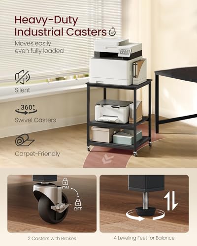 VASAGLE Printer Stand with Locking Wheels, Industrial Mobile Cart, Under Desk Printer Table for Home Office, 23.6 x 19.7 x 29.6 Inches, Storage Shelf, 3-Tier, Ebony Black