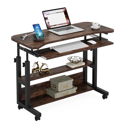 Tribesigns Portable Desk with Power Outlets, Height Adjustable Side Table Sofa Couch Bedside Laptop Computer Cart with USB Charging Ports, Mobile Small Standing Desk with Keyboard Tray