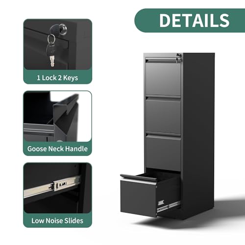 FLIXELIO 4 Drawer File Cabinet with Lock,Metal Vertical Filing Cabinets for Home Office,Heavy Duty File Storage Cabinet for Letter/Legal/A4/F4 Size File,Assembly Require (Black, Vertical 4 Drawer)