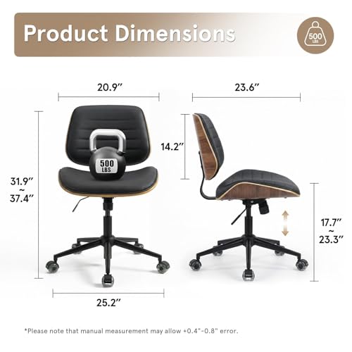 Sytopia Small Desk Chair for Home Office, Adjustable Height Swivel Armless Office Chair No Arms, Mid Century Modern Chair with Wheels, Walnut Wooden Sturdy Furniture, Easy Assembly, Vintage Black