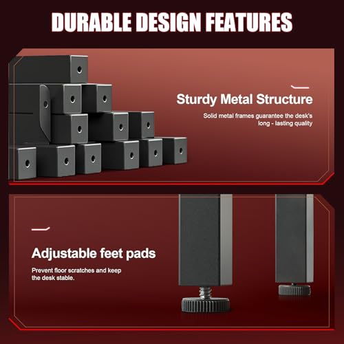 GTPLAYER 55 Inch Gaming Desk with LED Lights, Large Computer Desk with Mouse Pad for Home Office, T-Shaped Carbon Fibre Surface PC Game Workstations with Headphone Hook