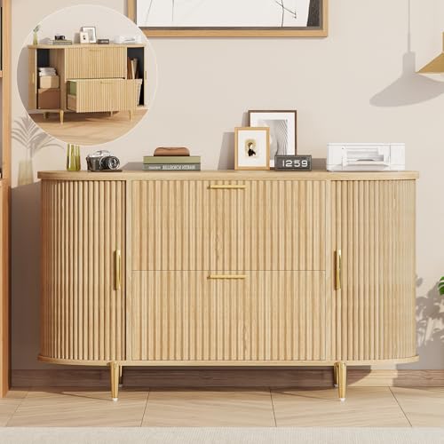 SEDETA 2 Drawer File Cabinet, 39.4" Filing Cabinet for Home Office, fit Legal/Letter/A4 Size, Modern Fluted Filing Cabinets with 2 Sliding Door Storage, Printer Stand, Natural