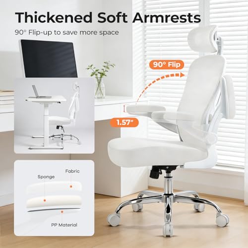 shipborne Office Chair Ergonomic Office Chair with Lumbar Support, Head Support, Rocking Function, FLIP-up Armrests, Mesh High Back Chair Home Office Desk Chair, Suitable for Home, Office, White