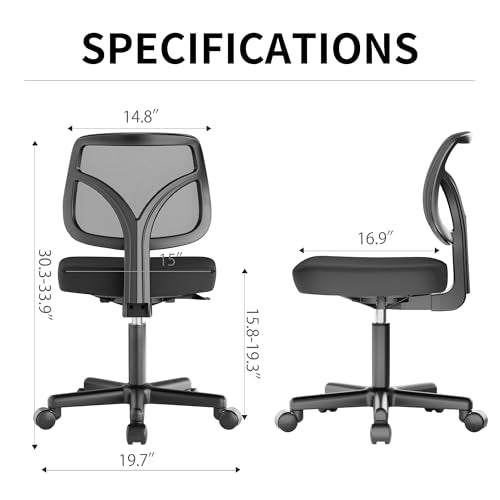 KSYEBT Small Office Desk Chair, Ergonomic Adjustable Home Office Swivel Chairs with Wheels, Comfy Mesh Rolling Computer Desk Task Armless Chair for Home, Bedroom, Study, Adults, Classic Black