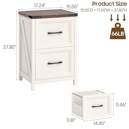 Vabches 2 Drawer Vertical File Cabinet, Wood Farmhouse Filing Cabinet Fits A4/Letter Size, Under Desk Small File Cabinets Printer Stand with Storage for Home Office, White and Brown