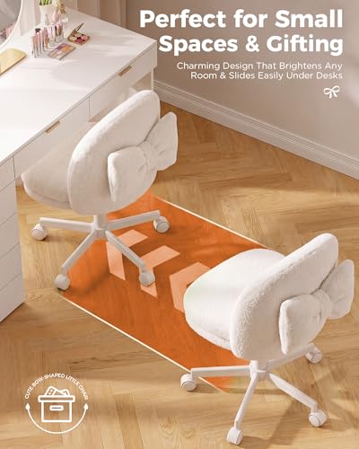 GTPLAYER Velvet Tall Office Chair with Wheels Vanity Chairs with Back, Versatile Height Use: Office to Bar Stools Small Ergonomic Comfy Armlees Computer Desk Chair with Bow Lumbar Pillow for Gift
