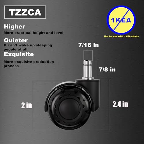 Office Chair Wheels Replacement Rubber Black Chair Casters for Hardwood Floors and Carpet, Set of 5, Heavy Duty Casters for Chairs Smooth & Silence Gliding Gaming Chair Wheels