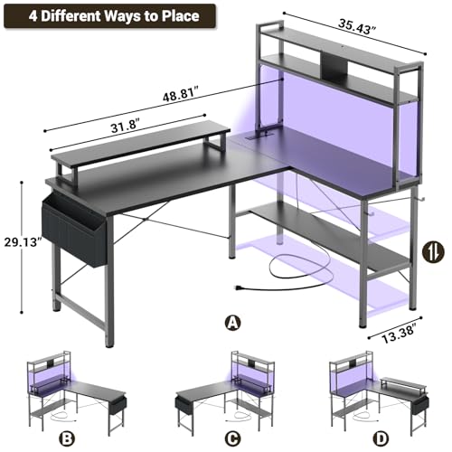 Aheaplus L Shaped Gaming Desk with Power Outlets & LED Lights, Small L- Shaped Desk Computer Corner Desk with Monitor Stand & Storage Shelf, Home Office Desk Writing Desk with Storage Bag, Black