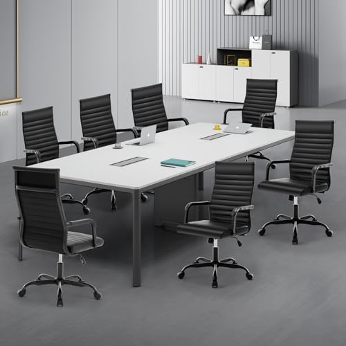 Haranuo Office Chair, Ergonomic Executive Conference Room Chairs, Ribbed Leather Desk Chair with Lumbar Support, Adjustable Height Mid-Back Swivel Chair with Padded Seat and Square Tube Armrests