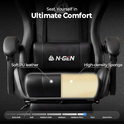 N-GEN GAMING Video Gaming Chair with Footrest Lumbar Support for Home Office High Back Recliner Height Adjustable Ergonomic Comfy Leather Computer Desk Chair (Black)
