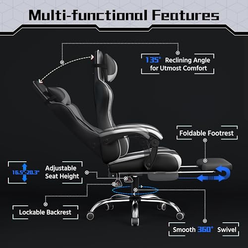 Yaheetech Gaming Chair with Electric Massage Lumbar Support, Footrest & Headrest — Ergonomic High Back Recliner for Home Office, Computer Desk Chair, Height Adjustable, 300 lbs, Black/White