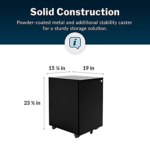 Vari Essential File Cabinet - Home Office Filing Cabinet with Three Drawers for Storage - Metal Storage Cabinet with Roll-and-Lock Caster Wheels & Lockable Top Drawer - Fully Assembled (Black)