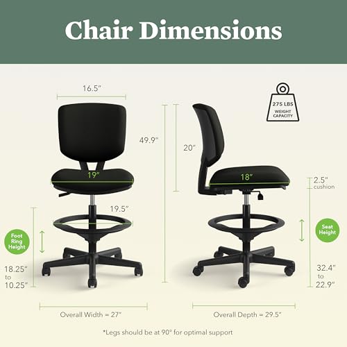 HON Volt Standing Desk Chair with Bonded Leather Seat and Back, Armless Ergonomic Task Stool with Adjustable Footring and Center‑Tilt Recline for Sit‑Stand Workstations, Black