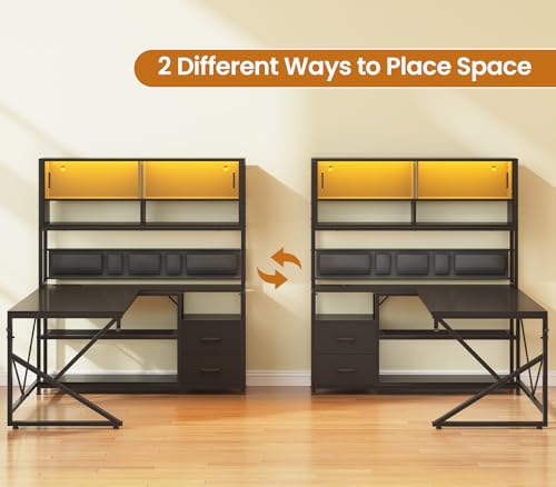 SEDETA L Shaped Gaming Desk, Home Office Computer Desk with 2 Drawer and Bookshelf, L Shaped Gaming Desk with LED Light, Glass Cabinet and Storage Bag, Corner Desk with Storage Shelves, Black