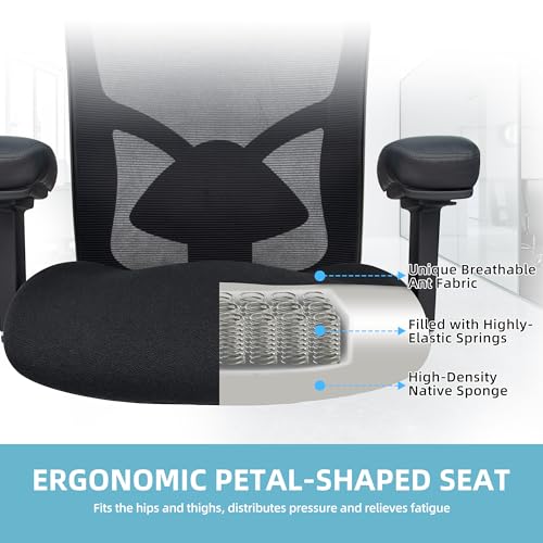 Coolka 500LBS Big and Tall Office Chair with 4D Armrests & Adjustable Backrest, Heavy Duty Office Chair for Heavy People, Memory Foam Seat Filling Springs, Black