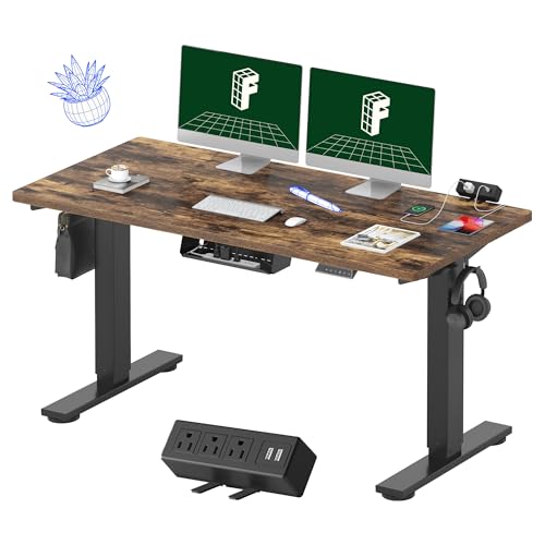FLEXISPOT EN2 Whole-Piece Standing Desk with Clamp Power Strip, 55 x 28 Electric Stand Up Height Adjustable Desk with Cable Management (Black Frame + 55" Rustic Brown Desktop, 2 Packages)