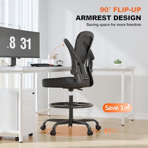 Synorla Ergonomic Drafting Chair, Tall Office Chair with Flip-up Armrests, Breathable Mesh High Desk Chair with Lumbar Support Adjustable Footrest Ring for Standing Desk Black