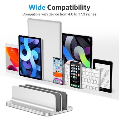OMOTON Vertical Laptop Stand [Updated Double Version], Desktop Aluminum Mac Book Stand with Adjustable Dock Size, Fits All Mac Book, Surface, Chrome Book and Gaming Laptops (Up to 17.3 inch) (Silver)