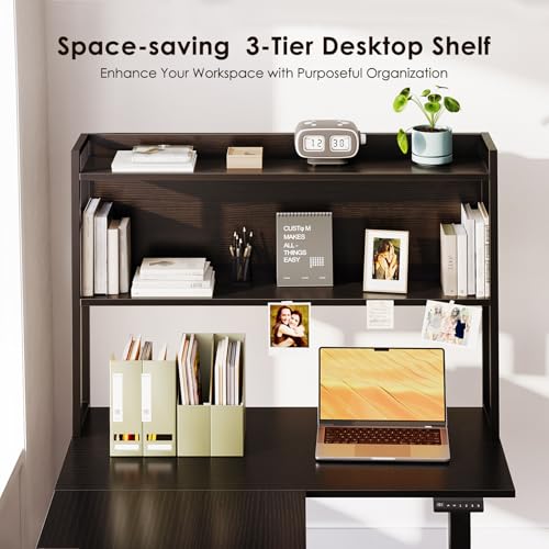 OffiGo L Shaped Electric Standing Desk, 63 Inch Reversible Corner Stand up Table with Hutch, Height Adjustable Ergonomic Large Lift Table for Home Office, Workstation, Black