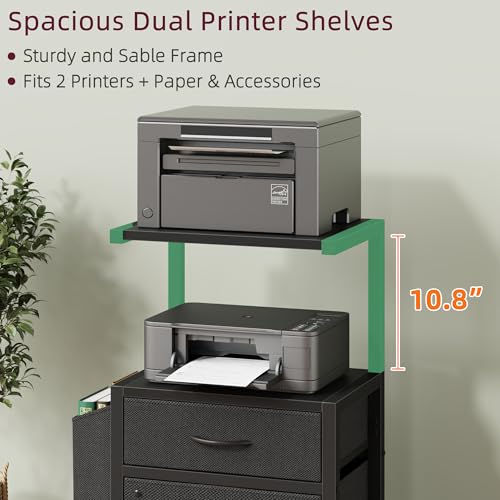 HIGDBFE File Cabinet with 2-Tier Shelf, Letter Size Drawer Filing Cabinet with Reversible Side Bag, Vertical Office Cabinet Printer Stand with Storage for Home Office, Black, 16.5" W