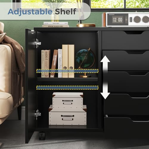 DUMOS 5 Drawer File Cabinet Office Drawers Organizer with Wheels Rolling, Under Desk Cabinets with Shelves and Door Printer Stand with Wood Board Metal Frame for Home Office Storage Craft Room, Black