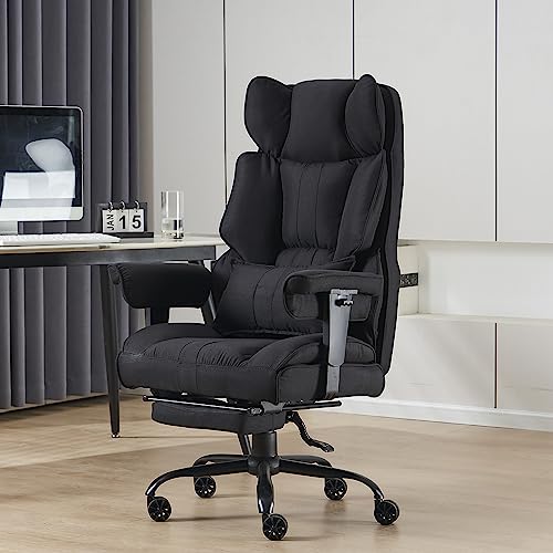 Efomao Big and Tall Office Chair 400 lb Weight Capacity, High Back Executive Office Chair with Foot Rest, Fabric Computer Chair for Back Pain Relief, Black