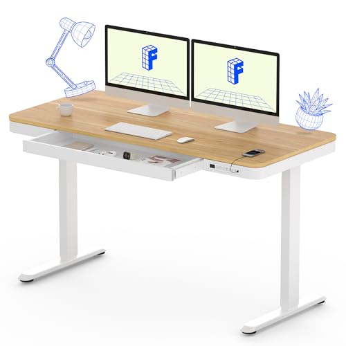 FLEXISPOT 55" Electric Standing Desk with Drawers, Quick Assembly Home Office Sit Stand Desk with Storage, USB Charging, Computer Desk for Home Office (Maple Top + White Adjustable Frame, Comhar)