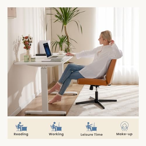 DUMOS Criss Cross Chair No Wheels, Wide Seat Cross Legged Office Desk Vanity Chair, Faux Leather Armless Height Adjustable Swivel Task Computer Chairs for Home, Study, Brown PU