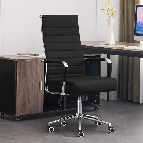 Office Desk Chair, Leather Conference Room Chairs with High Back,Wheels and Arms, Modern Ergonomic Ribbed Height Adjustable Swivel Executive Chair for Home Office (Black)