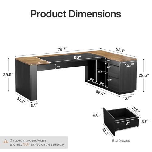 Tribesigns 78" L Shaped Executive Desk with Drawers, Large Office Computer Desk with Cabinet and Storage Shelves, Modern Business Furniture Sets Workstation for Home Office (Brown&Black)