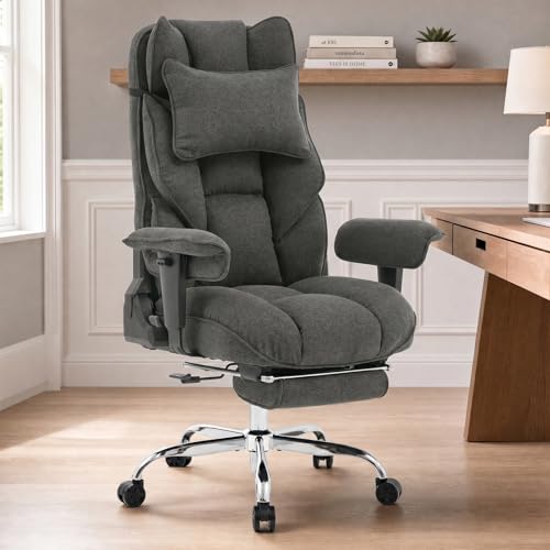 mokodo Big and Tall Office Chair 400lbs, Breathable Fabric Executive Desk Chair with Pocket Spring Cushion, 155° Reclining Computer Chair with Integrated Headrest & Lumbar Pillow (Dark Grey)