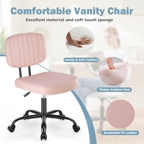 DUMOS Armless Home Office Executive Chair - Small Desk Chair with Low Back Lumbar Support, Height Adjustable PU Leather Computer Task Chair with 360° Swivel Wheels, for Adults, Pink