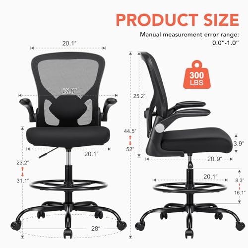 shipborne Drafting Chair, Tall Office Chair for Standing Desk, Mesh High Desk Chair with Flip-Up Armrests, Ergonomic Office Chair with Lumbar Support, Adjustable Footrest Ring Studio Chair, Black