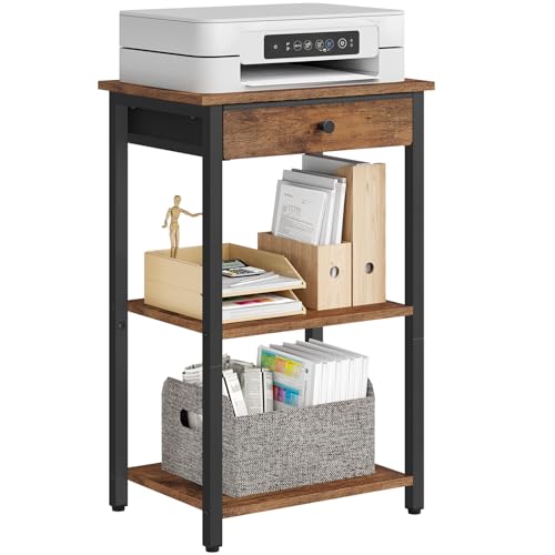 Gewudraw Printer Stand with Storage Drawer, 3-Tier Under Desk Printer Table, End Table for Home Office, Living Room, Bedroom, Brown