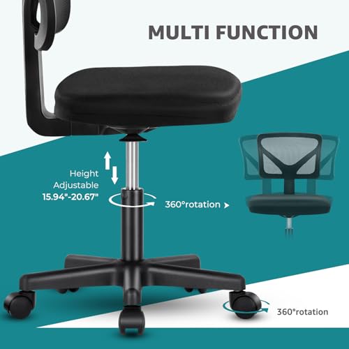 OLIXIS Armless Office Chair, Ergonomic Desk Chair with Wheels, Mesh Back, Removable Washable Foam Cushion, Height Adjustable Rolling Swivel Chairs for Small Space, Home, Office, Black