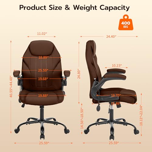 Ylzyxal Office Desk Chair, Ergonomic Computer Chair with Padded Flip-Up Arms and Adjustable Lumbar Support, PU Leather Executive Chair with Tilt Lock and 360° Swivel Rolling Wheels for Work, Study