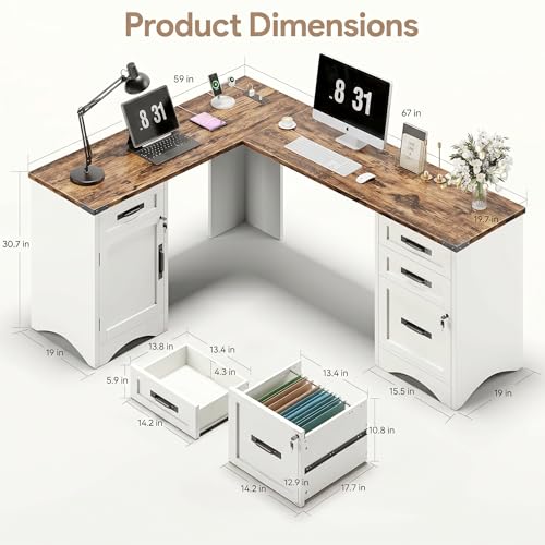 Decofy 67" Farmhouse L Shaped Standing Desk with Drawers Home Office Executive Desks with Fast Charging Station, Lockable File Cabinet, Wood Writing Computer Desk for Work, Study, White