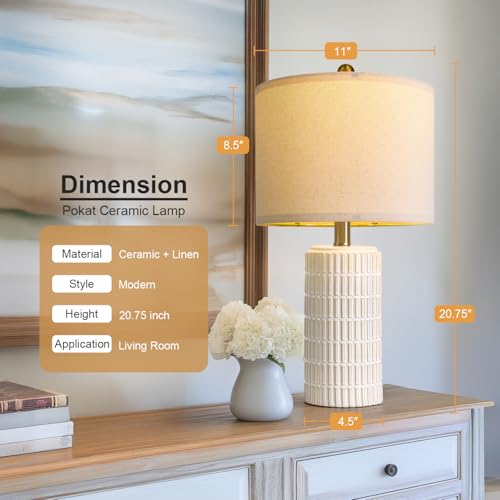 PoKat 20.75" Small Modern Ceramic Table Lamps Set of 2 for Bedroom, White Bedside Lamps for Night Stands, Farmhouse Desk Home Decor Gift Nightstand Table Lamps for Living Room End Table Beige
