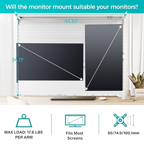 EUREKA ERGONOMIC Desk Pegboard with Dual Monitor Stands, LED Metal Pegboard for Gaming Desk, Privacy Panel with 4 Accessories Modular Hanging, Computer Accessories for Office, 43 x 34 Inch, White