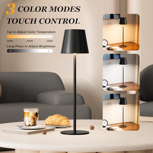Kakanuo Cordless Table Lamp Rechargeable Black - KK 2 Pack 5000mAH Battery Operated Lamp for Counter, 3 Color Stepless Dimming Wireless Lamp for Dining Kitchen, Outdoor Patio, Touch Control