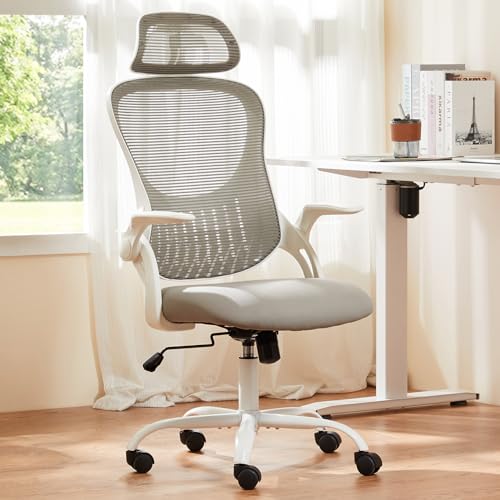 Sweetcrispy Home Office Managerial Executive Chair, High-Back Mesh with Adjustable Headrest, Flip-up Armrest Comfortable Lumbar Support, Comfy Arms for Bedroom,Study,Student