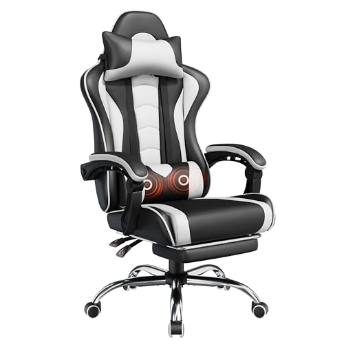 Yaheetech Gaming Chair with Electric Massage Lumbar Support, Footrest & Headrest — Ergonomic High Back Recliner for Home Office, Computer Desk Chair, Height Adjustable, 300 lbs, Black/White