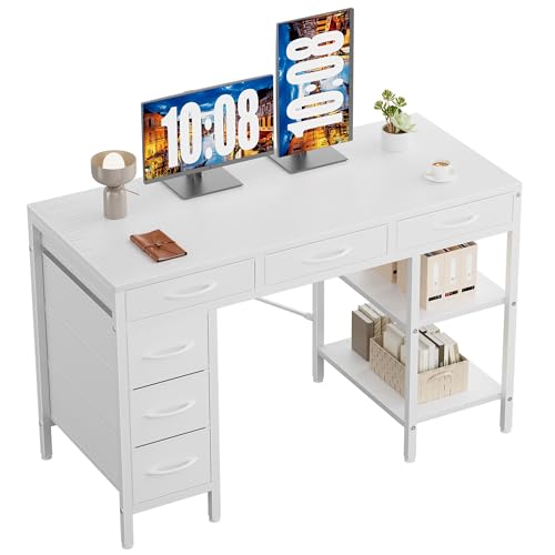 Sweetcrispy 47" Computer Desk with 6 Drawers, Home Office Gaming Desks with Storage Shelves for Bedroom, Writing Study Corner Living Room Work Table White