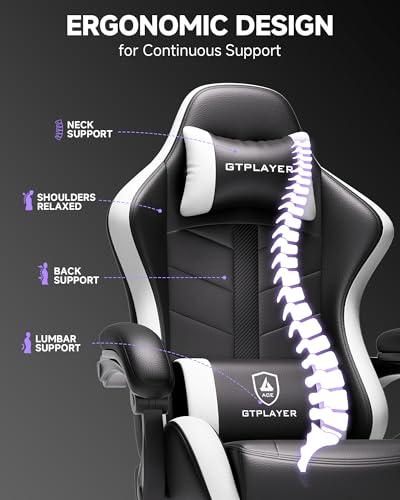 GTPLAYER Gaming Chair for Adults, Ergonomic Computer Gaming Chair with Footrest, Height Adjustable, 90-155° Recline & Removable Headrest Lumbar Support, Snow White