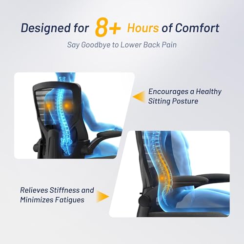 QLTPLUS Office Desk Chair for Long Hours & Lower Back Pain Relief – 4“ Thick Molded Foam Cushion, Enhanced Lumbar Support, Padded Flip-up Armrests, Ideal for Office or Study, Black