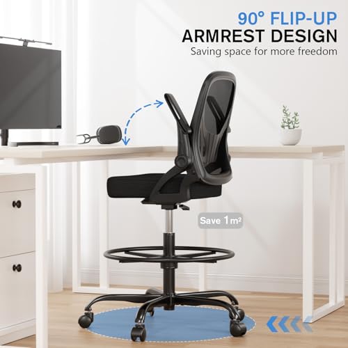 Alolo 450lbs Drafting Chair Tall Office Chair for Standing Desk with Flip-up Armrests,Ergonomic High Desk Chair with Lumbar Support and Adjustable Footrest Ring for Office,Black